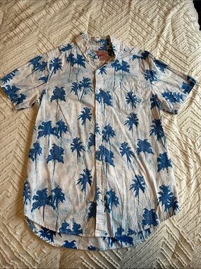 Men's Short-Sleeve Palm Print Button-Down Shirt - Blue on White